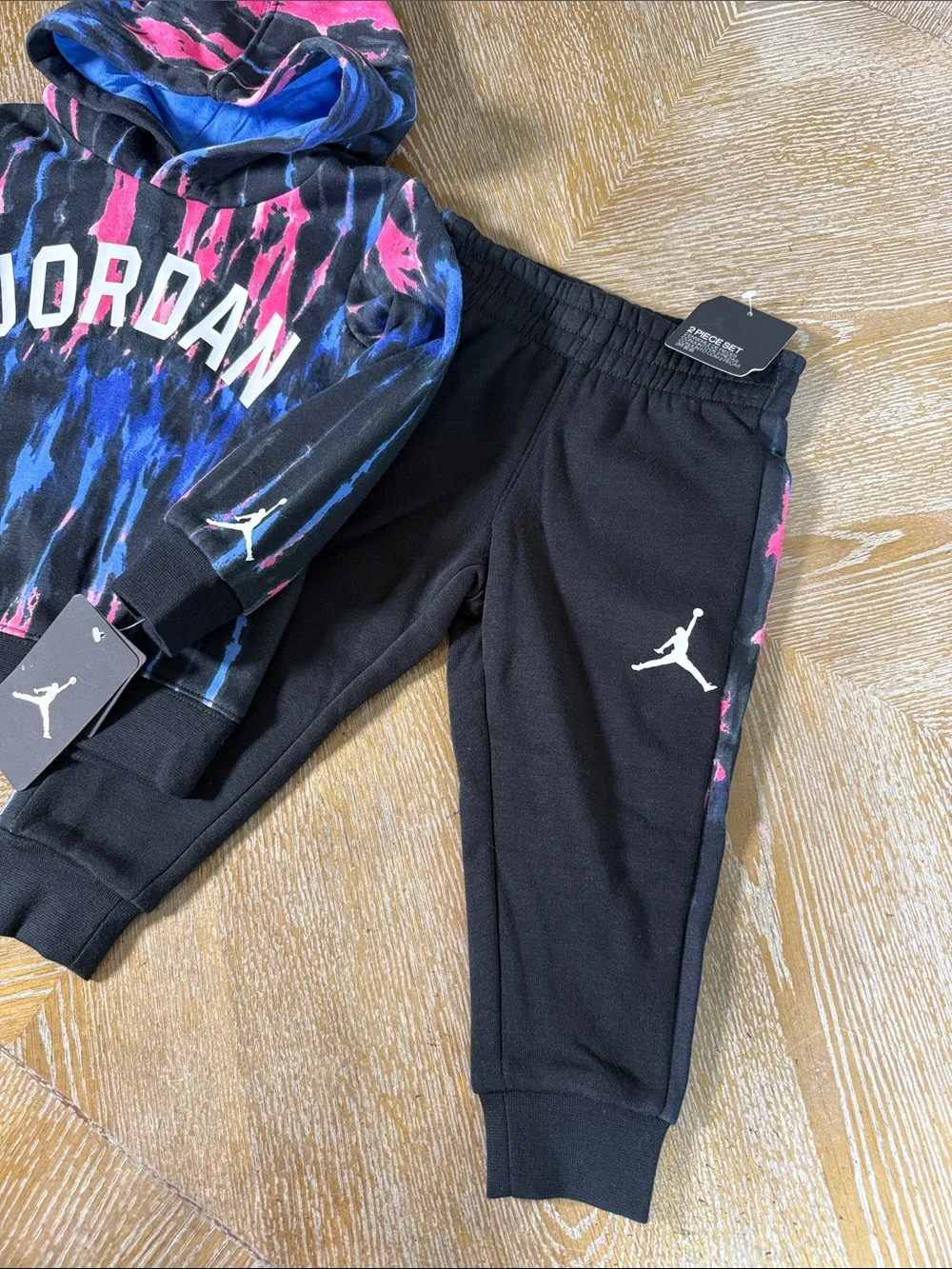 JORDAN Toddler Black Hoodie with Blue & Pink Tie-Dye Logo Jogger Set 3T